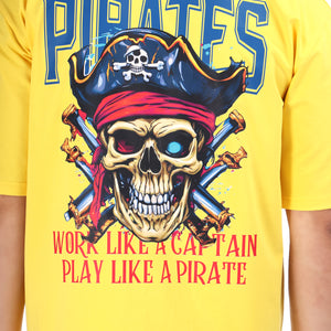 Pirates Skull Printed Oversized Round Neck T Shirt for Men-Yellow