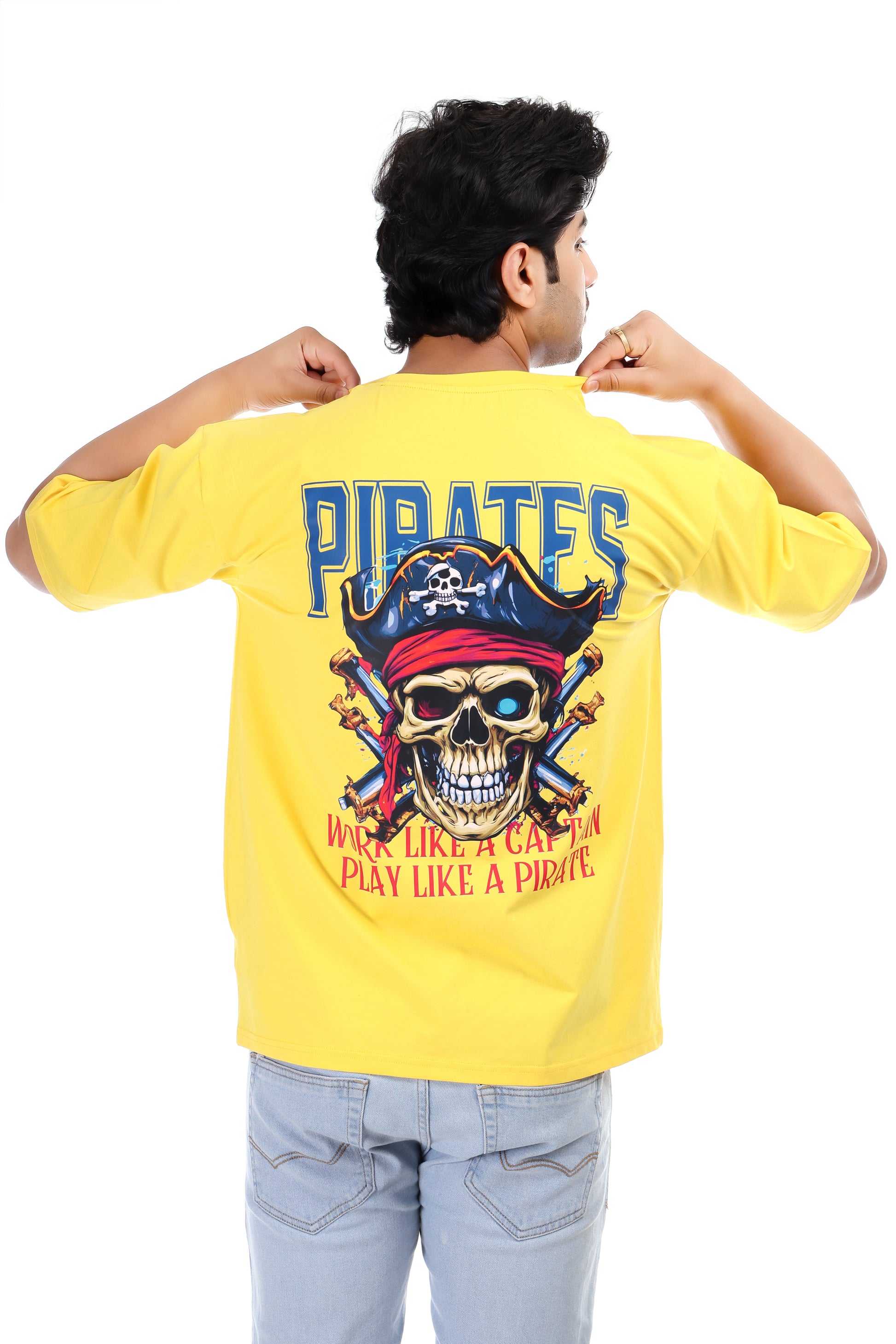 Pirates Skull Printed Oversized Round Neck T Shirt for Men-Yellow