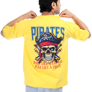 Pirates Skull Printed Oversized Round Neck T Shirt for Men-Yellow