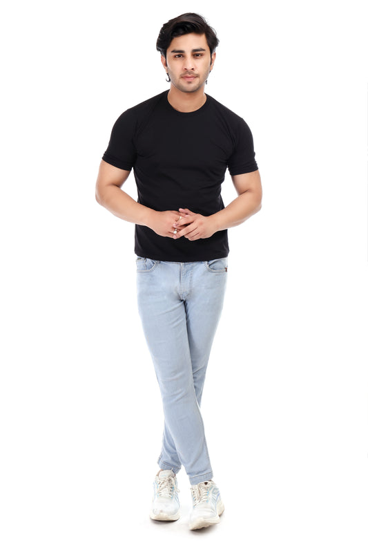 Men's Plain Regular Fit Round Neck 100% Cotton Lycra T-shirt