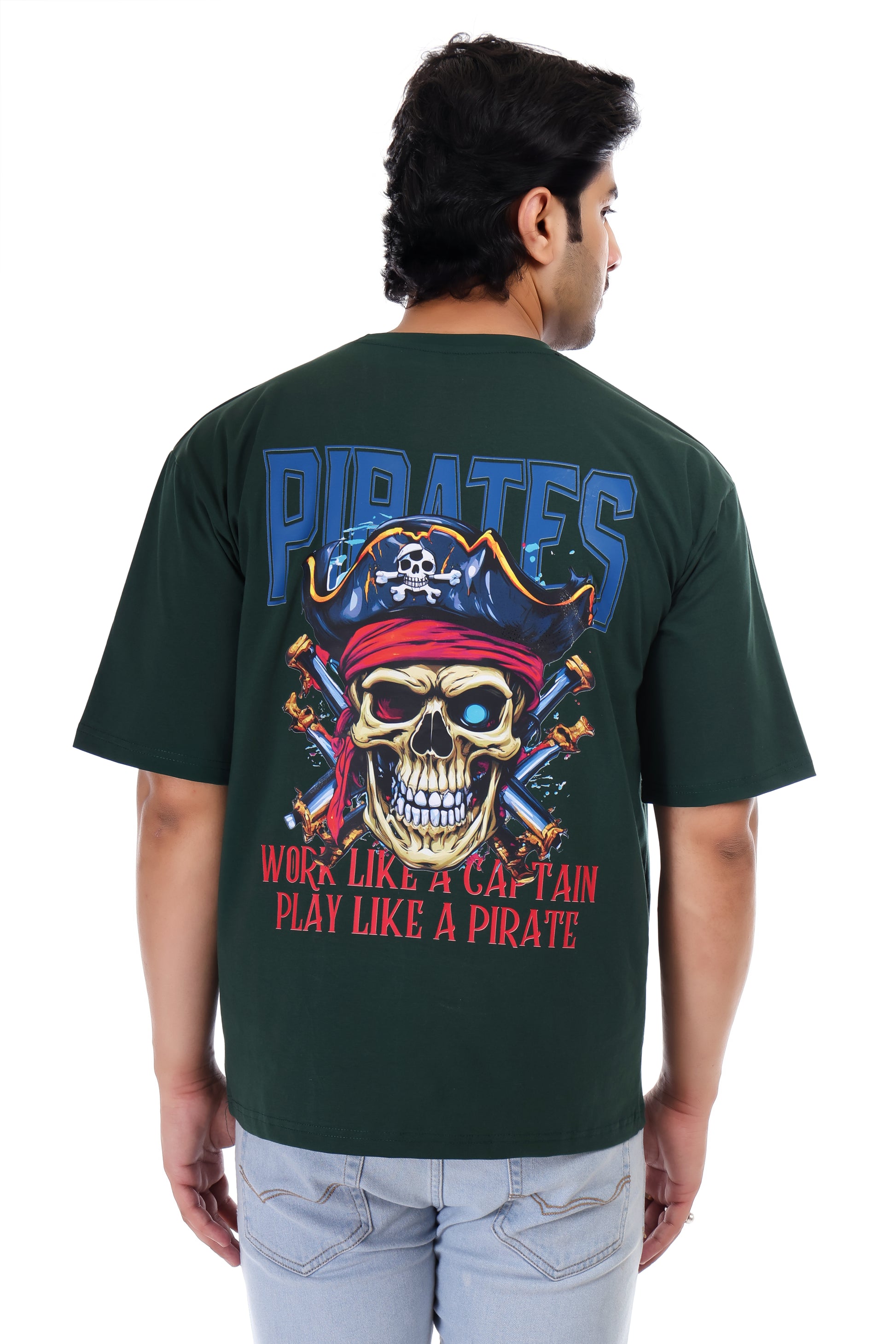 Pirates Skull Printed Oversized Round Neck T Shirt for Men-Green