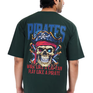 Pirates Skull Printed Oversized Round Neck T Shirt for Men-Green