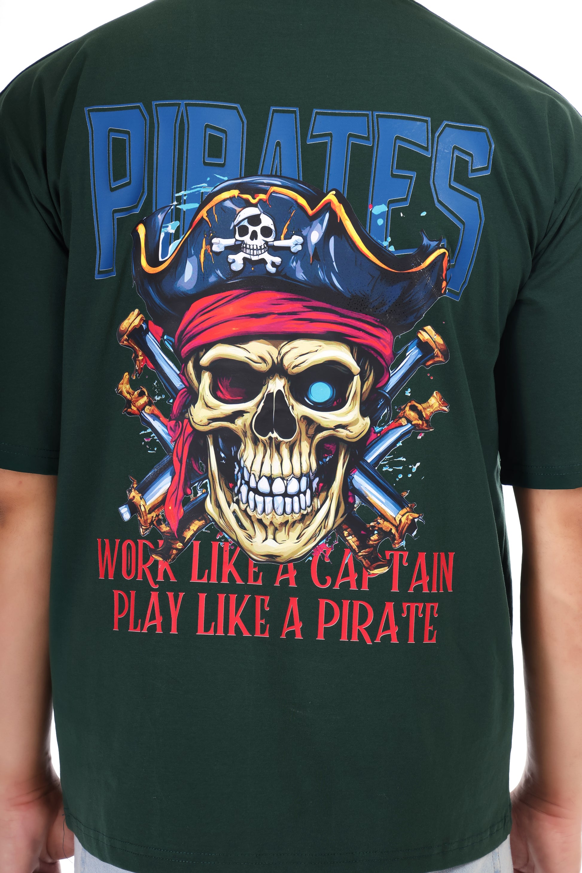 Pirates Skull Printed Oversized Round Neck T Shirt for Men-Green