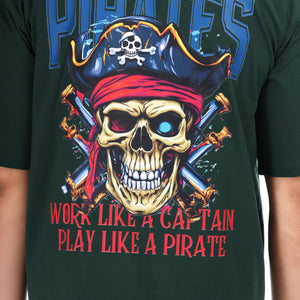 Pirates Skull Printed Oversized Round Neck T Shirt for Men-Green