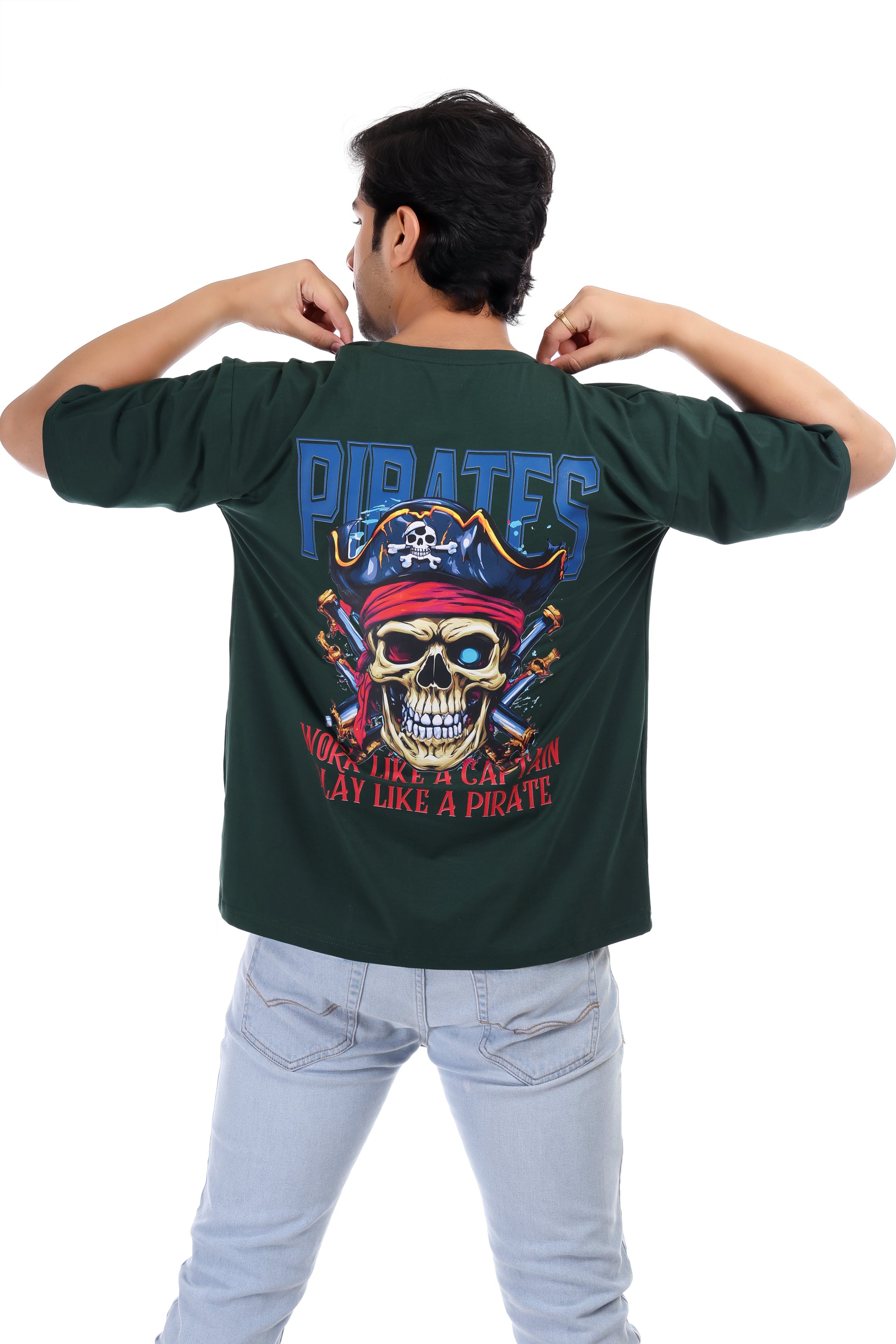 Pirates Skull Printed Oversized Round Neck T Shirt for Men-Green