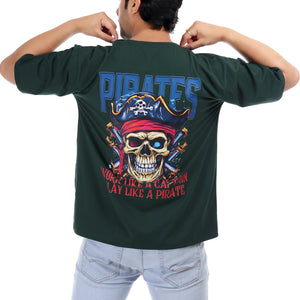 Pirates Skull Printed Oversized Round Neck T Shirt for Men-Green