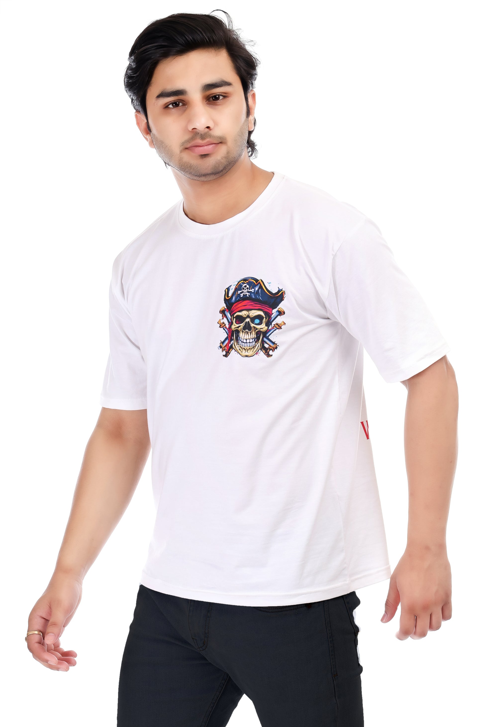 Pirates Skull Printed Oversized Round Neck T Shirt for Men-White