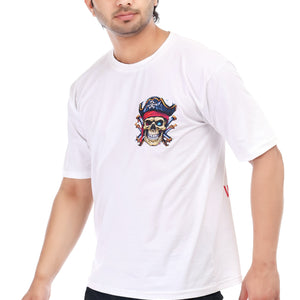 Pirates Skull Printed Oversized Round Neck T Shirt for Men-White