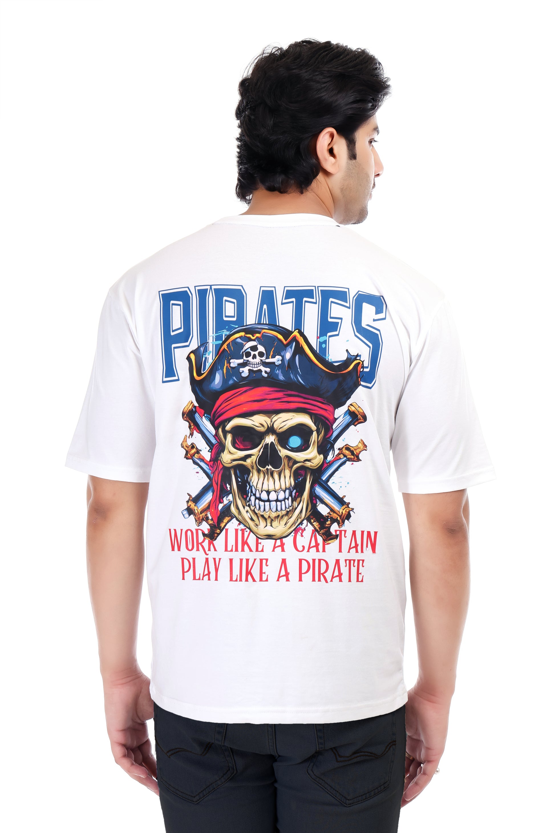 Pirates Skull Printed Oversized Round Neck T Shirt for Men-White