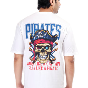 Pirates Skull Printed Oversized Round Neck T Shirt for Men-White