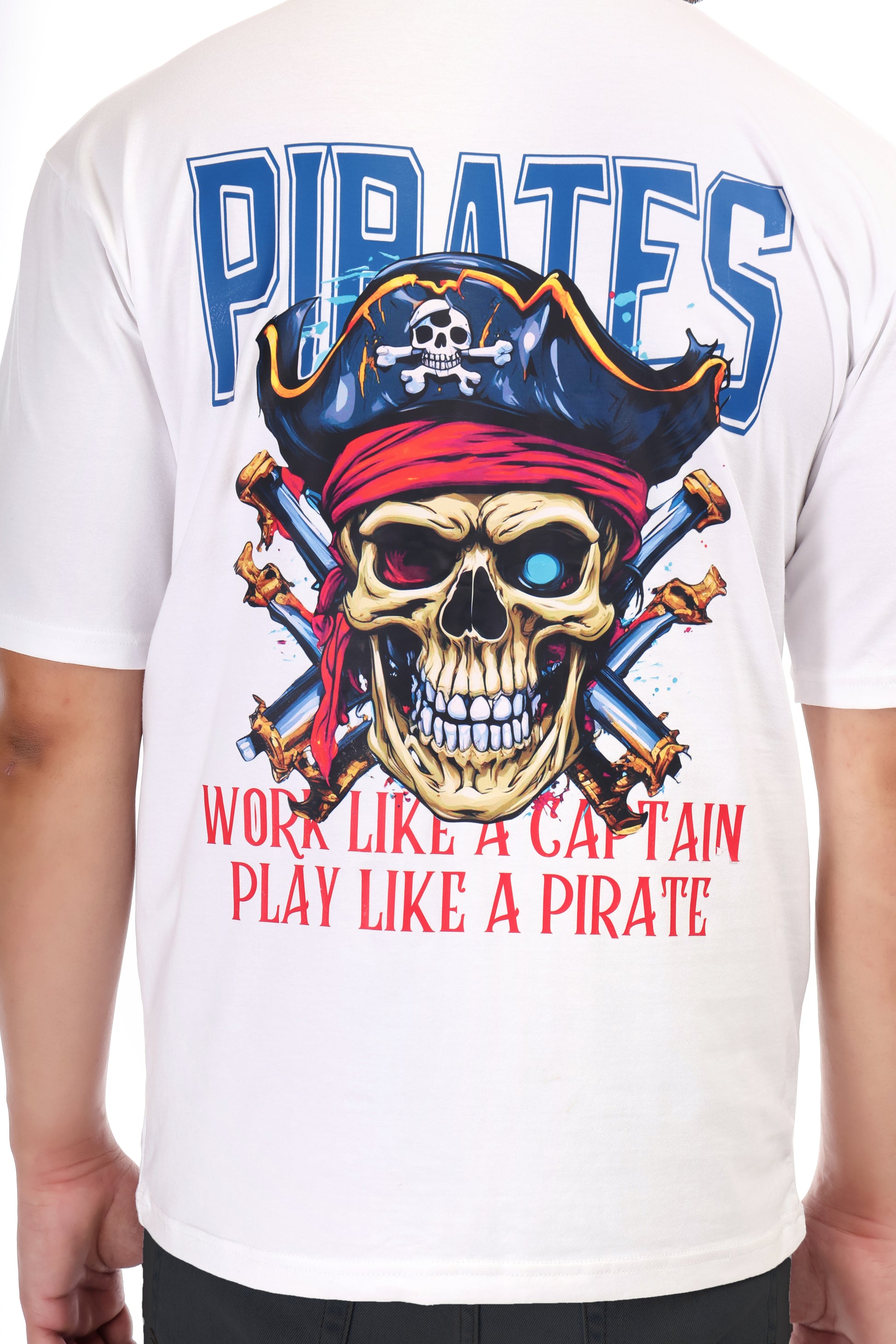 Pirates Skull Printed Oversized Round Neck T Shirt for Men-White