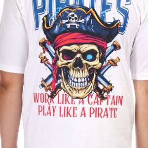 Pirates Skull Printed Oversized Round Neck T Shirt for Men-White