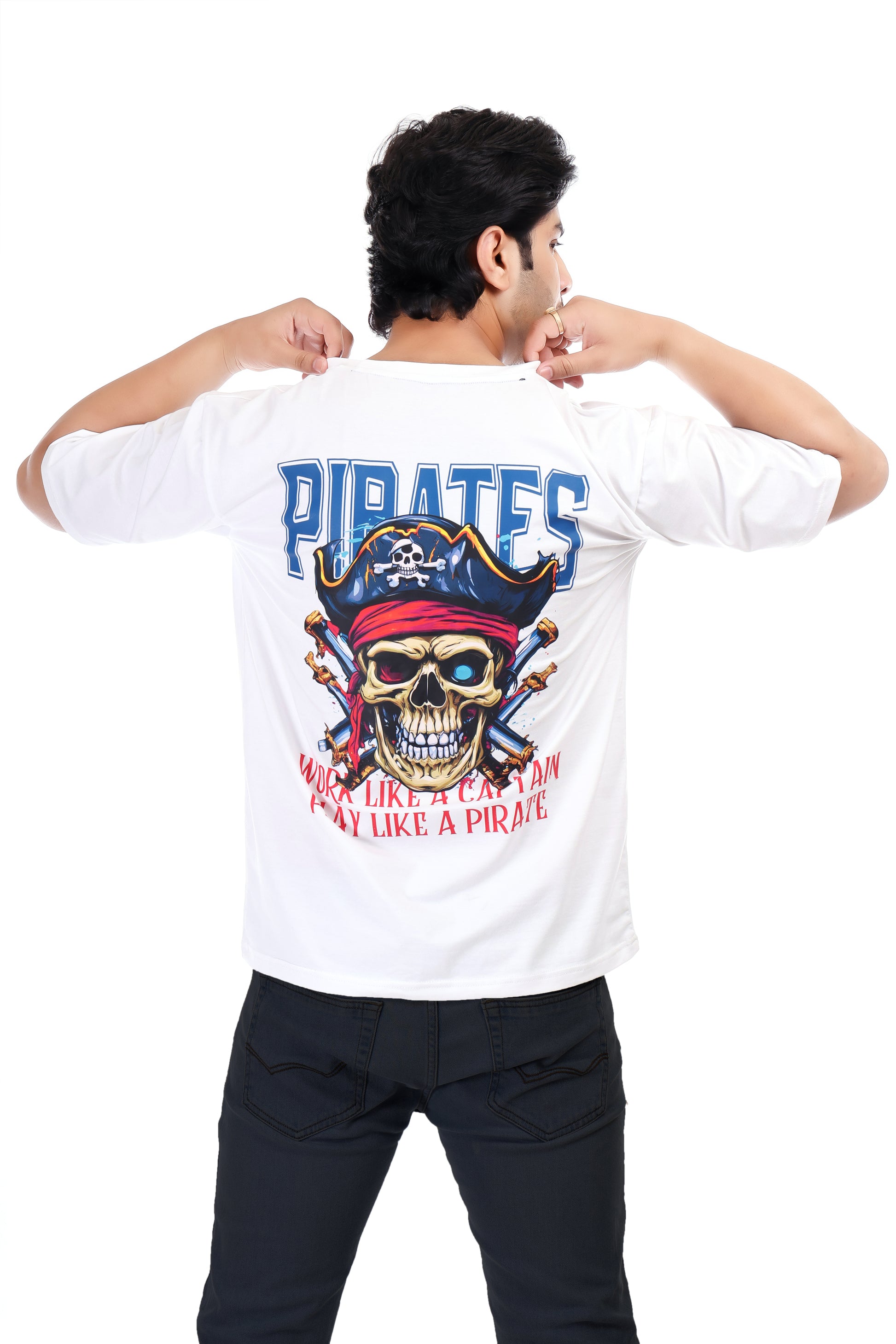 Pirates Skull Printed Oversized Round Neck T Shirt for Men-White