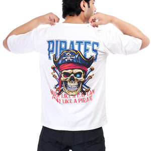 Pirates Skull Printed Oversized Round Neck T Shirt for Men-White