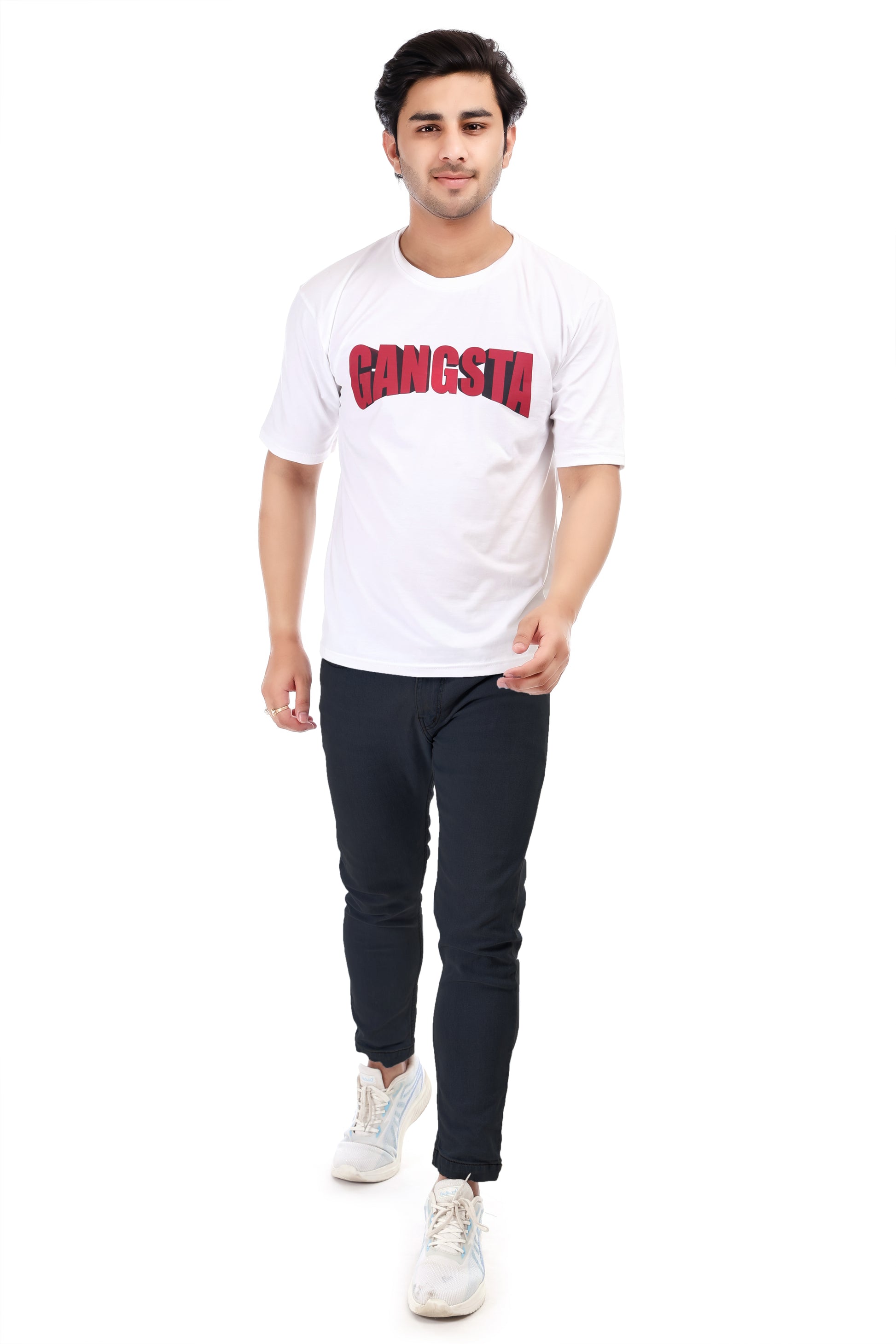 Gangsta Printed Oversized Round Neck T Shirt for Men-White