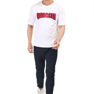 Gangsta Printed Oversized Round Neck T Shirt for Men-White