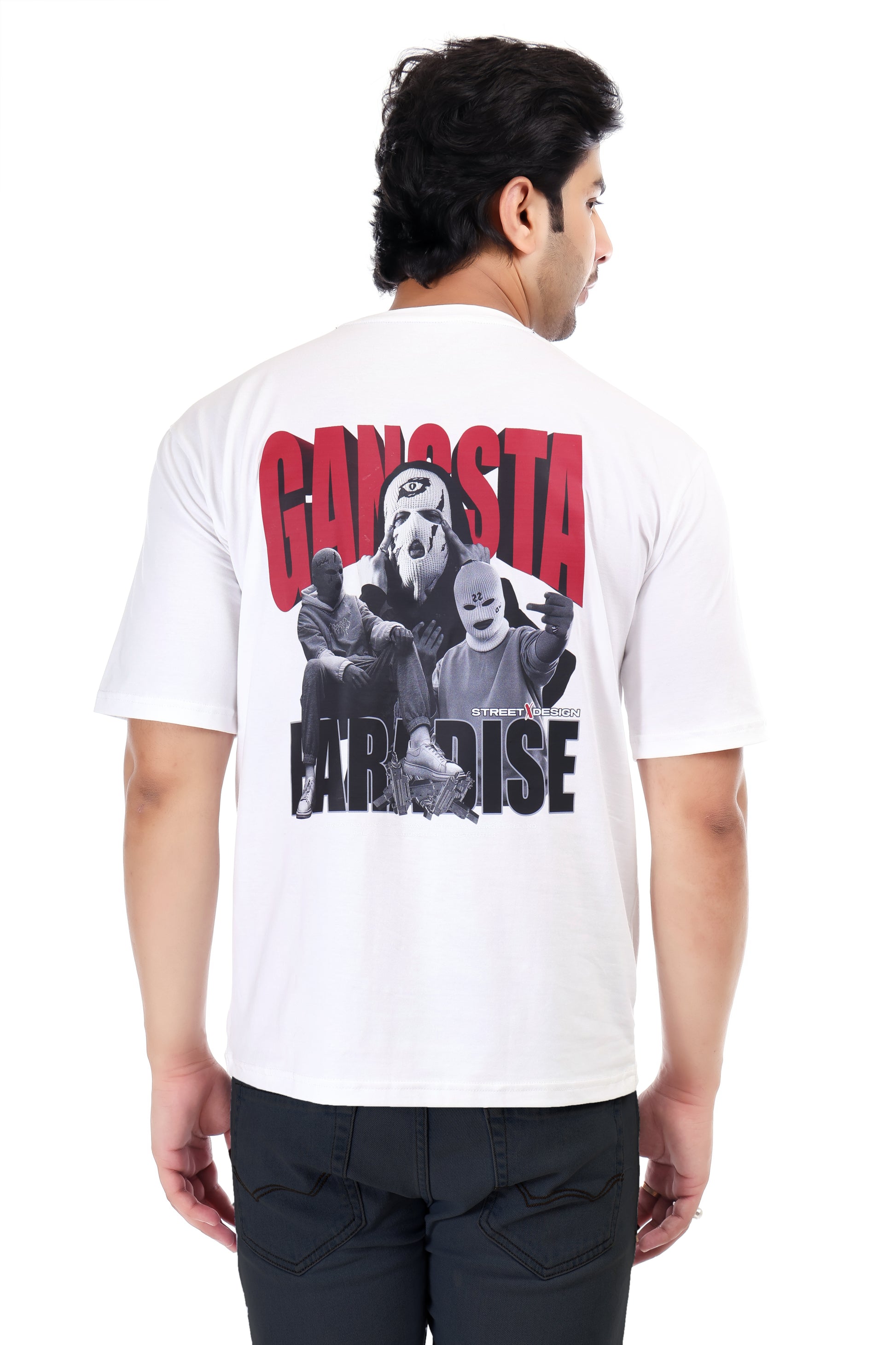 Gangsta Printed Oversized Round Neck T Shirt for Men-White