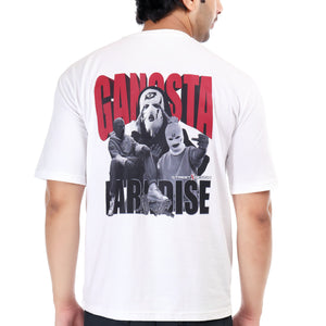 Gangsta Printed Oversized Round Neck T Shirt for Men-White