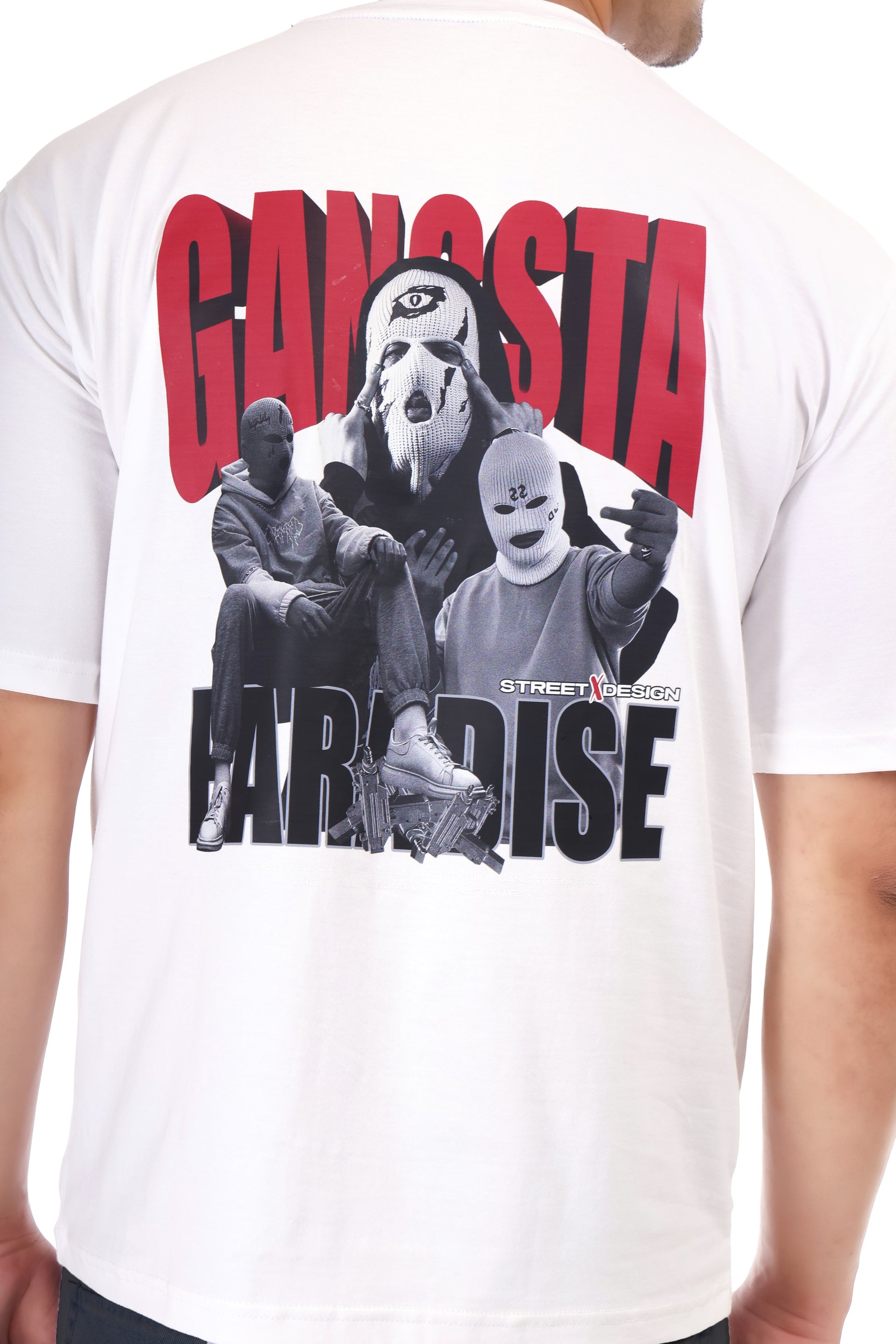 Gangsta Printed Oversized Round Neck T Shirt for Men-White