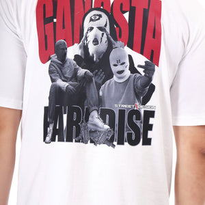 Gangsta Printed Oversized Round Neck T Shirt for Men-White