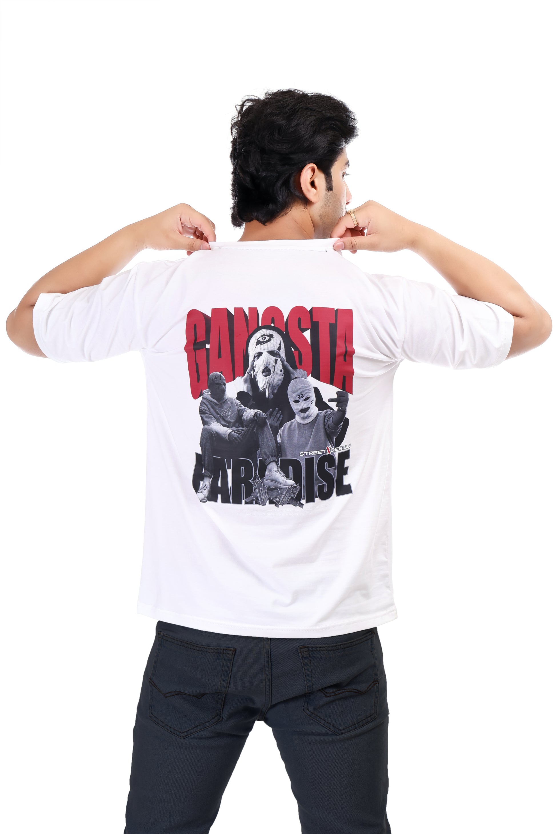 Gangsta Printed Oversized Round Neck T Shirt for Men-White