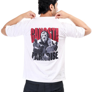 Gangsta Printed Oversized Round Neck T Shirt for Men-White