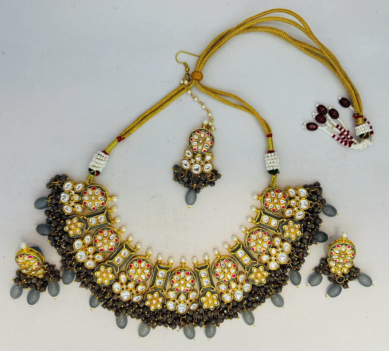 Kundan Gold Tone Stone Necklace With Earring & Mangtika Set