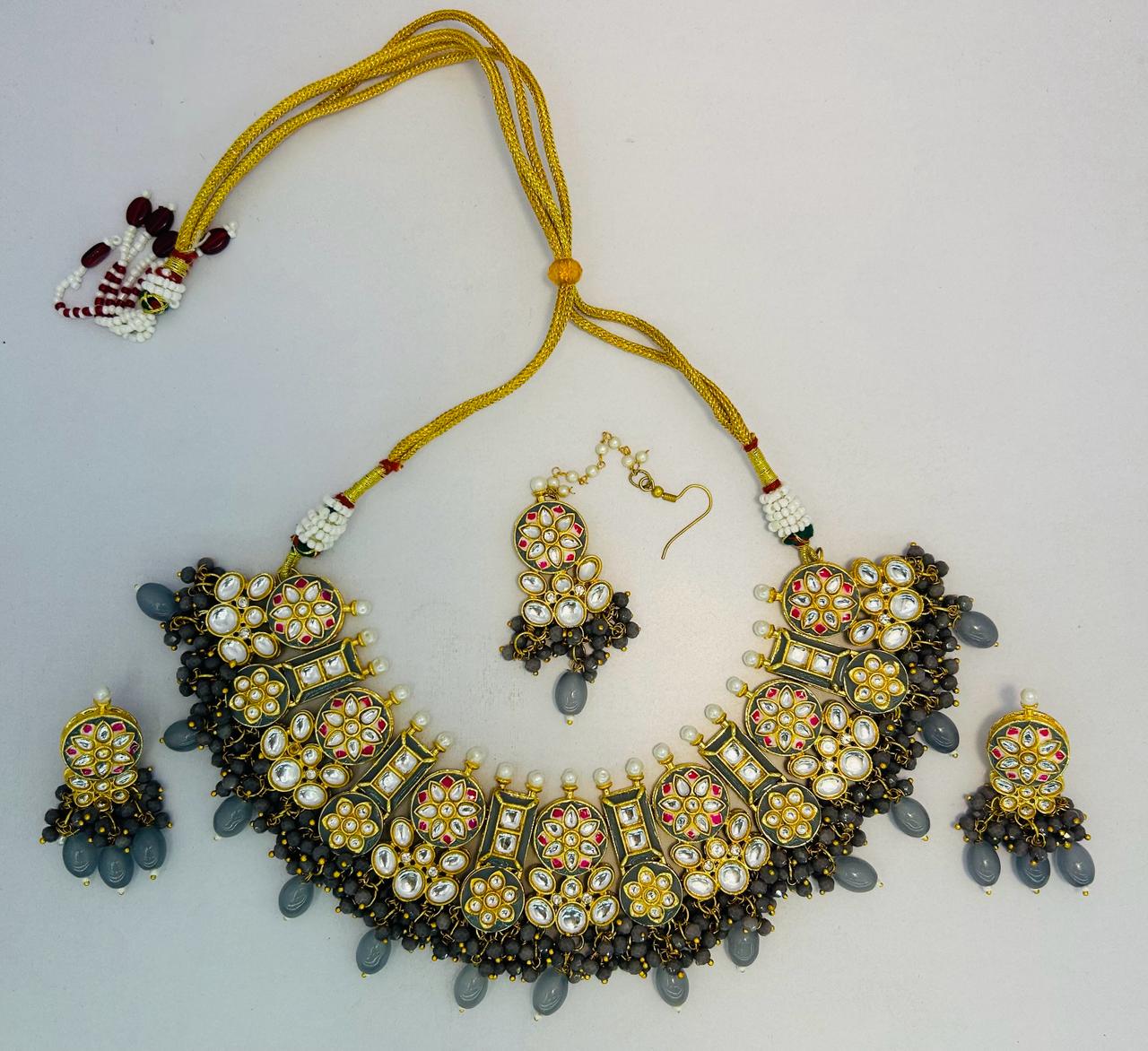 Kundan Gold Tone Stone Necklace With Earring & Mangtika Set