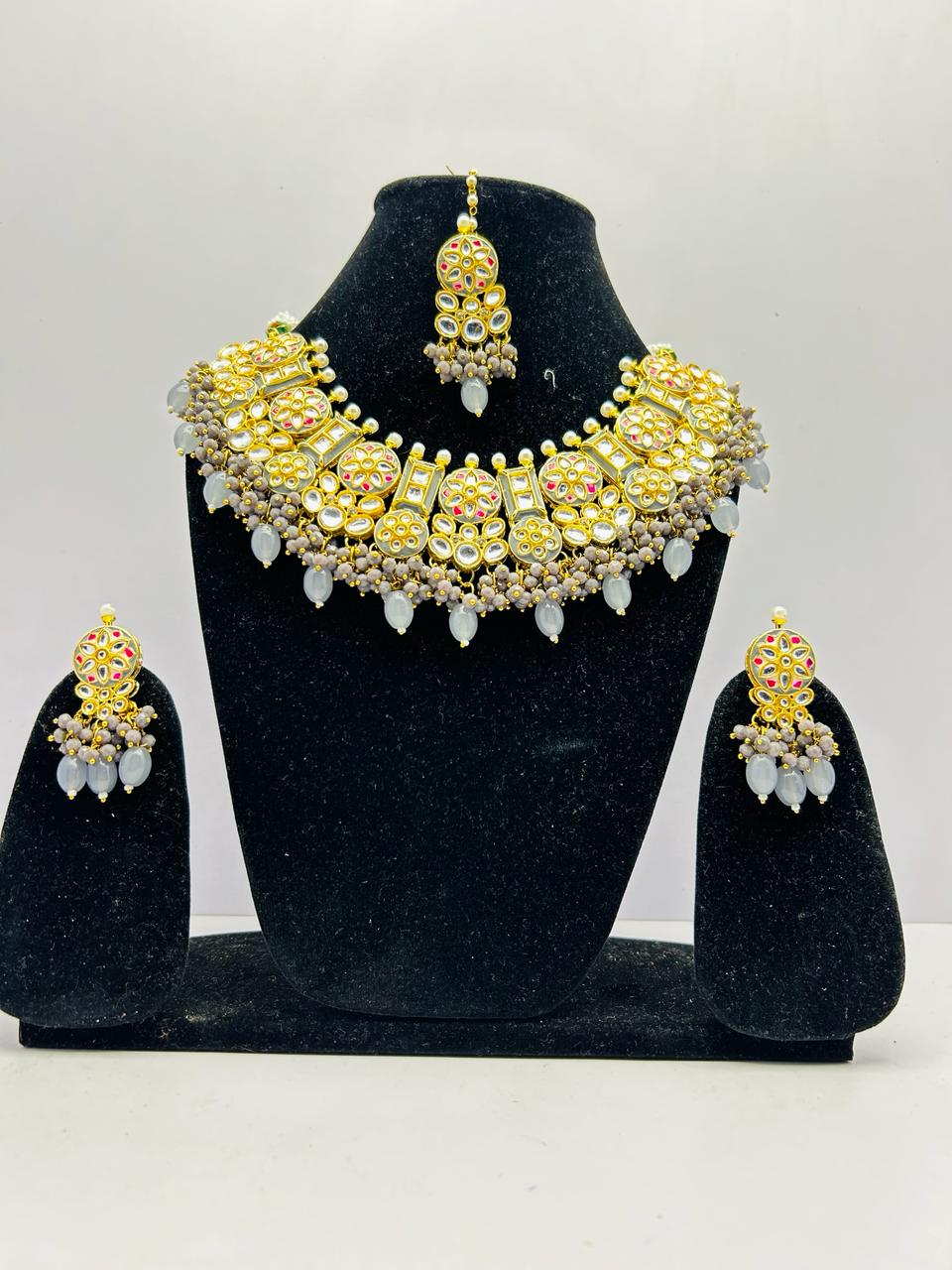 Kundan Gold Tone Stone Necklace With Earring & Mangtika Set