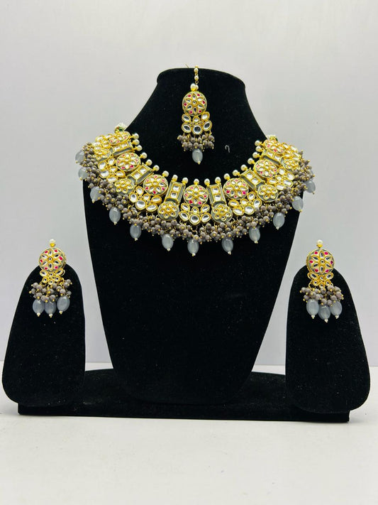 Kundan Gold Tone Stone Necklace With Earring & Mangtika Set