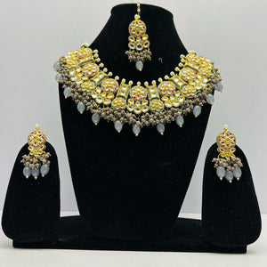 Kundan Gold Tone Stone Necklace With Earring & Mangtika Set