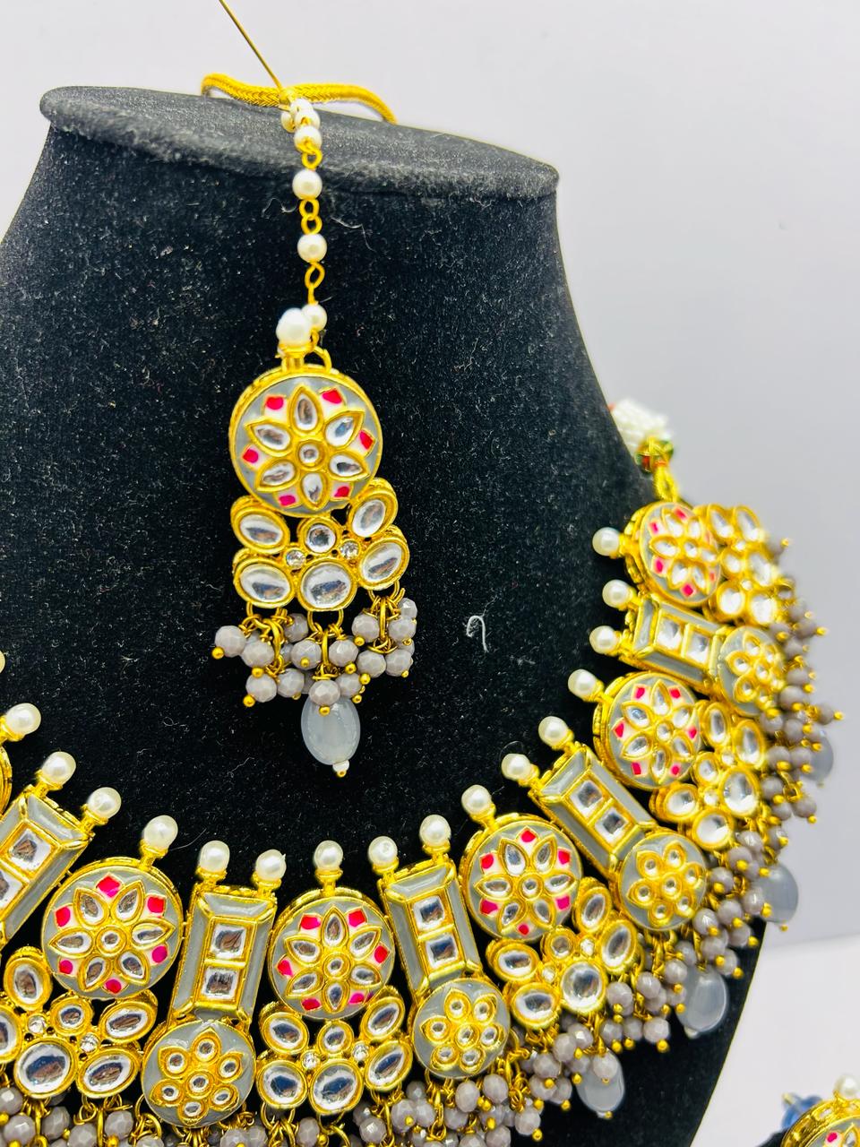 Kundan Gold Tone Stone Necklace With Earring & Mangtika Set