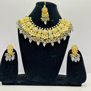 Kundan Gold Tone Stone Necklace With Earring & Mangtika Set