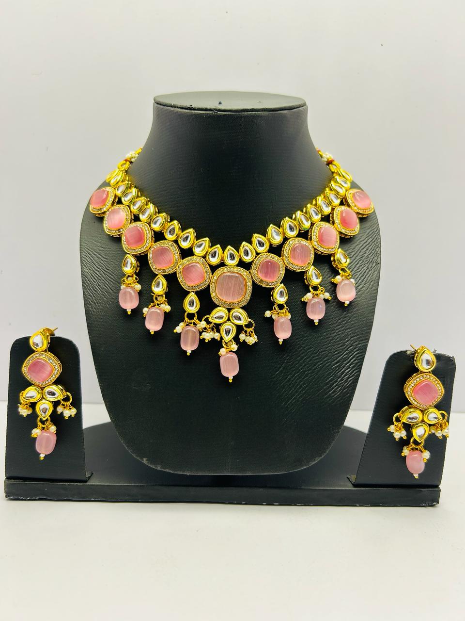 Kundan Gold Tone Stone Necklace With Earring Set