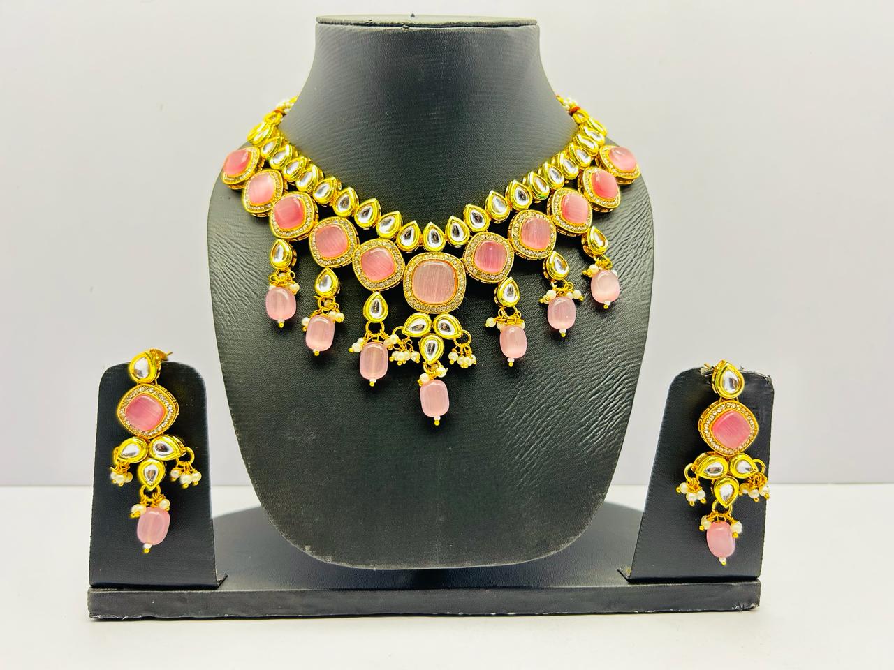 Kundan Gold Tone Stone Necklace With Earring Set