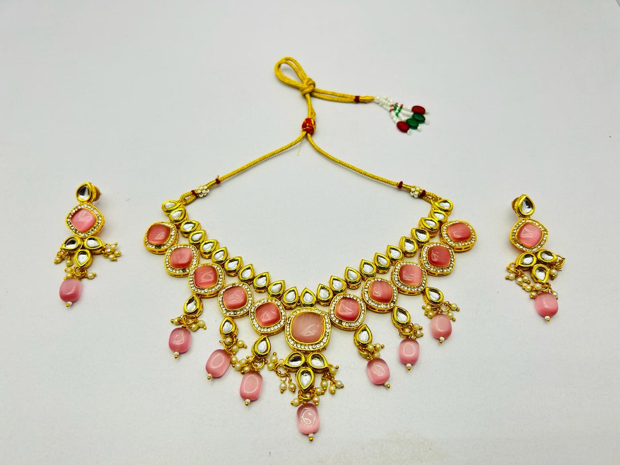 Kundan Gold Tone Stone Necklace With Earring Set