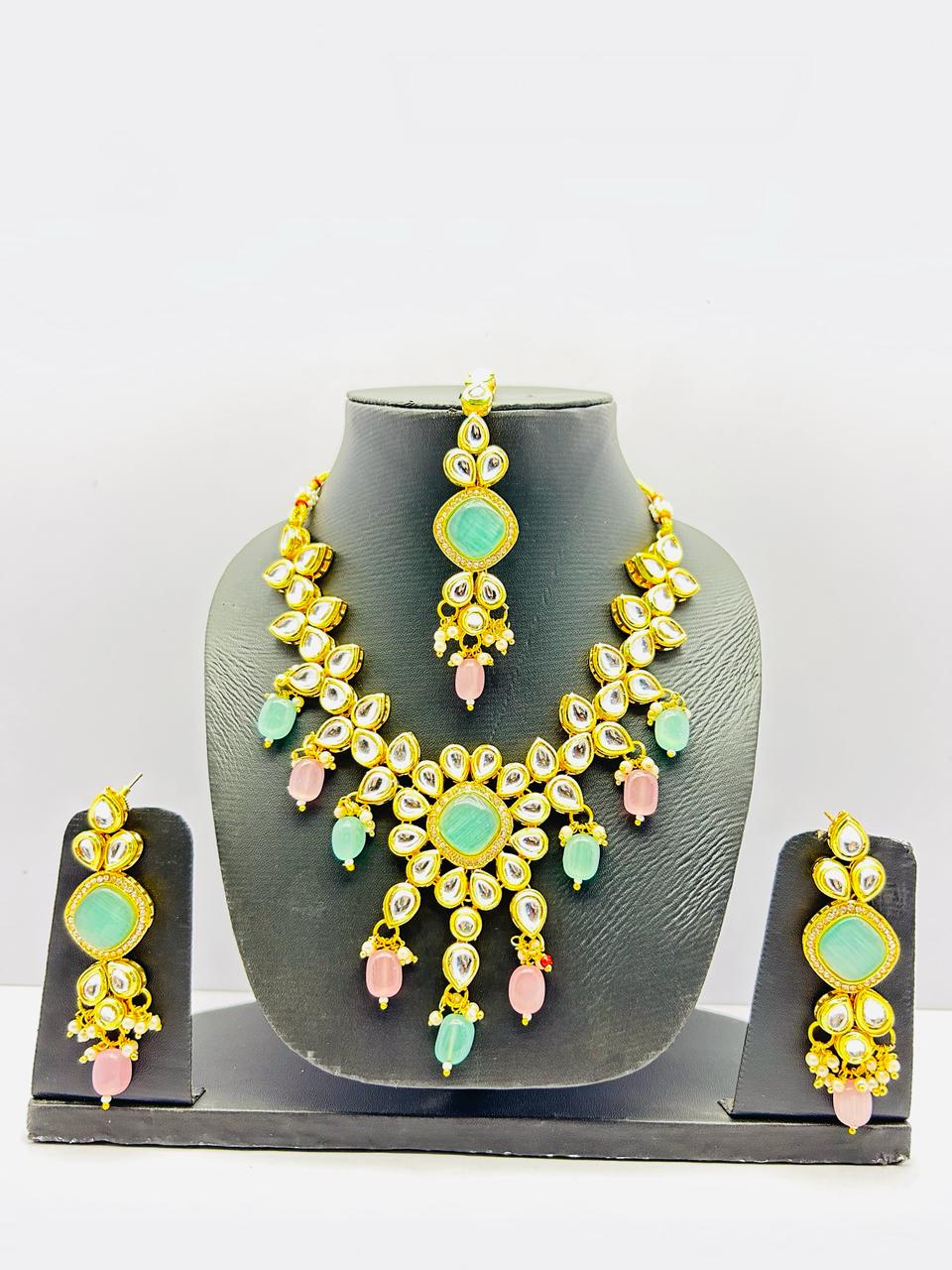 Gold Tone Stone Necklace With Earring & Mangtika Set