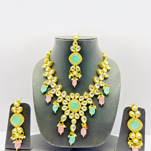 Gold Tone Stone Necklace With Earring & Mangtika Set