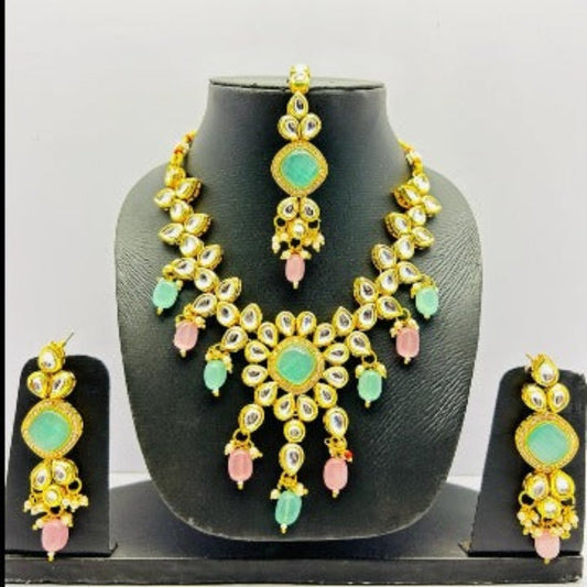 Gold Tone Stone Necklace With Earring & Mangtika Set