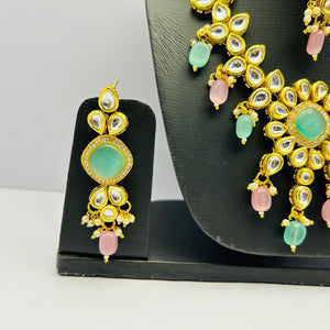 Gold Tone Stone Necklace With Earring & Mangtika Set