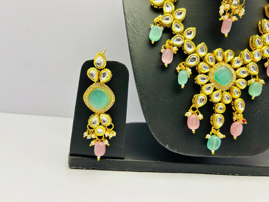 Gold Tone Stone Necklace With Earring & Mangtika Set