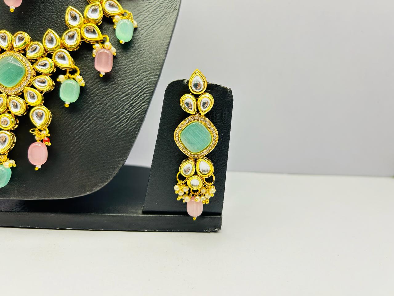 Gold Tone Stone Necklace With Earring & Mangtika Set