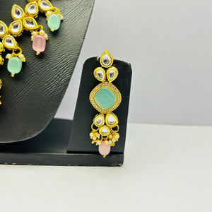 Gold Tone Stone Necklace With Earring & Mangtika Set