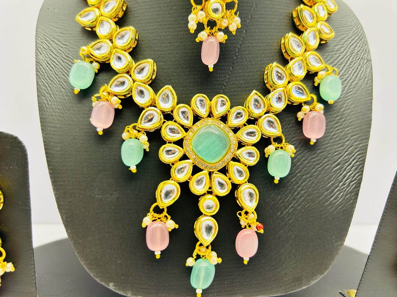 Gold Tone Stone Necklace With Earring & Mangtika Set