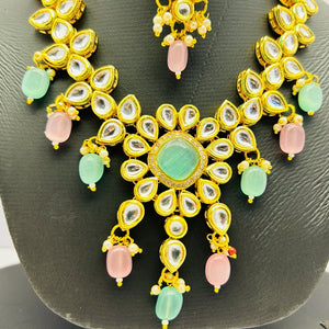 Gold Tone Stone Necklace With Earring & Mangtika Set