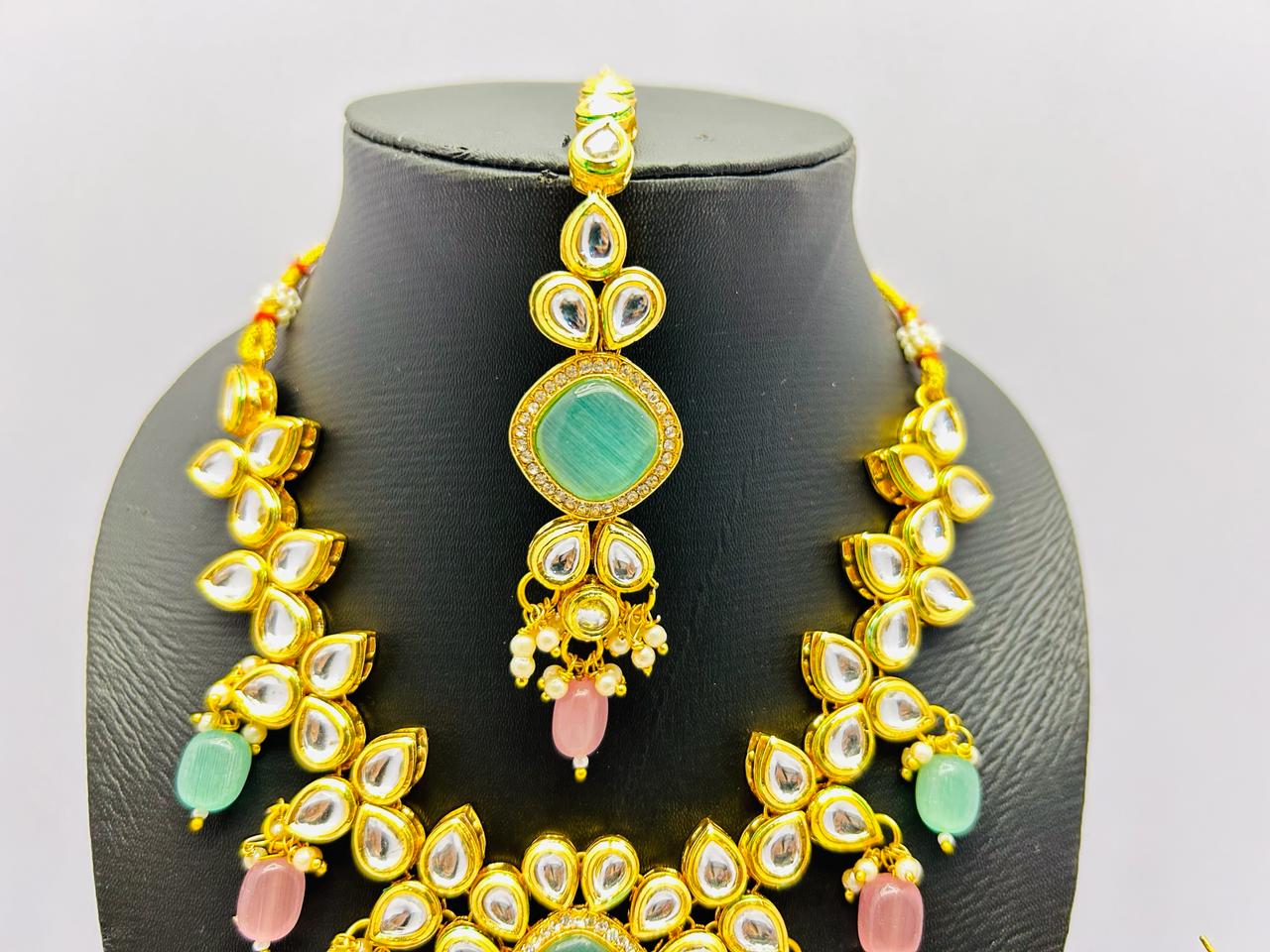 Gold Tone Stone Necklace With Earring & Mangtika Set