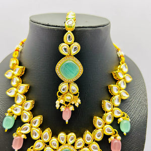 Gold Tone Stone Necklace With Earring & Mangtika Set