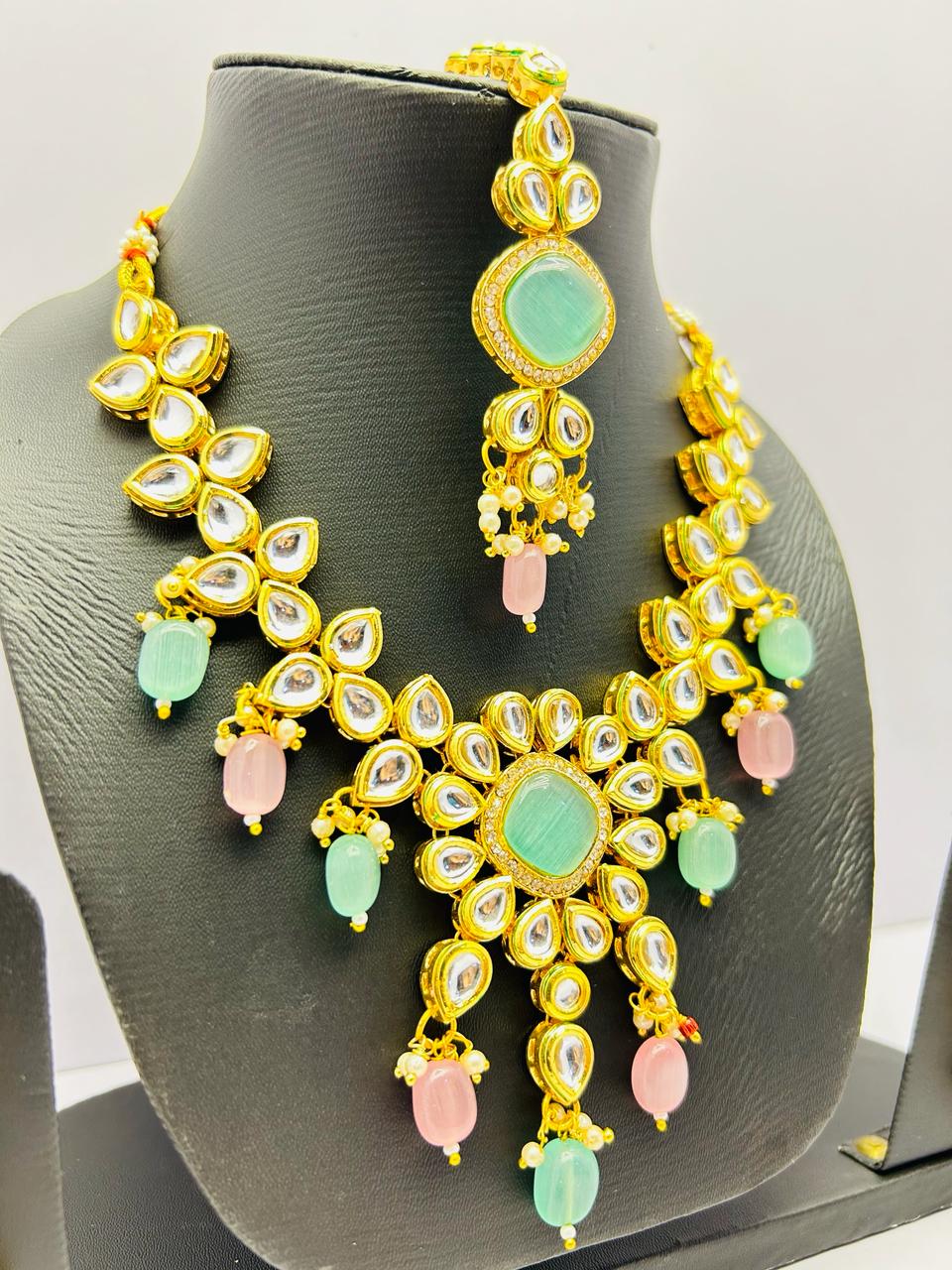 Gold Tone Stone Necklace With Earring & Mangtika Set