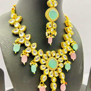 Gold Tone Stone Necklace With Earring & Mangtika Set