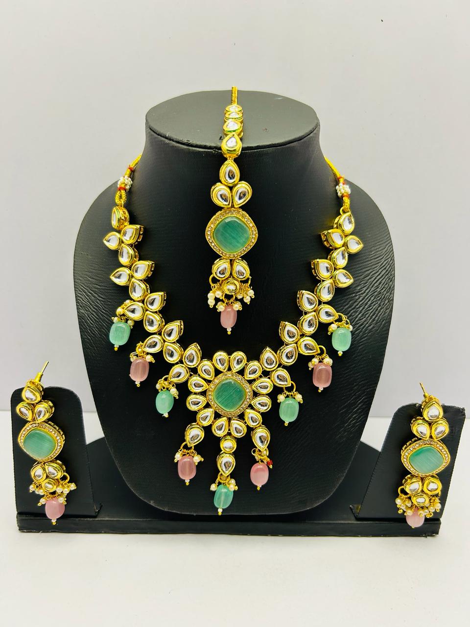 Gold Tone Stone Necklace With Earring & Mangtika Set